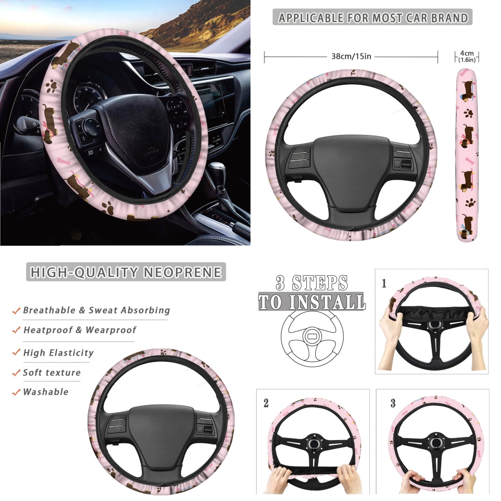 Yuyamidu Dachshund Car Front Rear Seat Covers Full Set of 14 Dog Paw Steering Wheel Cover Seat Belt Pads Handbrake Sets Trash Bin Armrest Cover Rearview Mirror Cover Cup Holders for SUV Truck Sedan