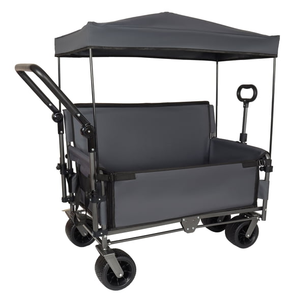 3-in-1 Folding Wagon Cart with Bench Seat, Canopy & Storage, 500lbs Heavy-Duty 180L Capacity All-Terrain Wagon for Camping, Beach, Sports, Garden (Gray)