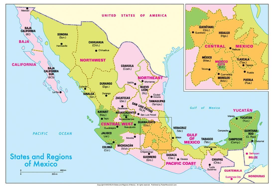 Michelin Official States and Regions of Mexico Map Art Print Poster ...