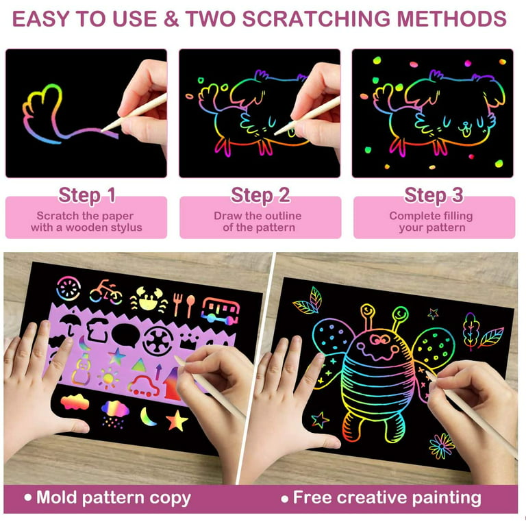 Scratch Art Kit Magic Scratch Off Notes & [2] Stylus Tools for Kids &  Adults 100 Black Paper Sheets Create Colorful Holographic Cards, Bookmarks,  Notes, Pictures & Other Art Without Ink. - Toys 4 U