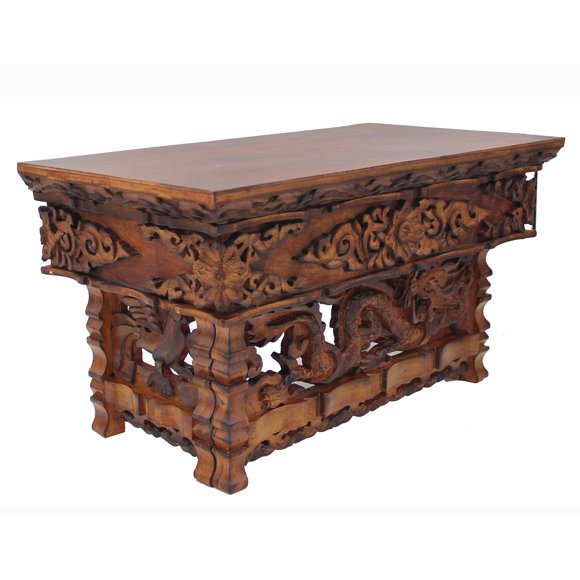 DharmaObjects Solid Indian Elm Wood Hand Carved Floor Shrine Altar Meditation Table (Large, Dark)