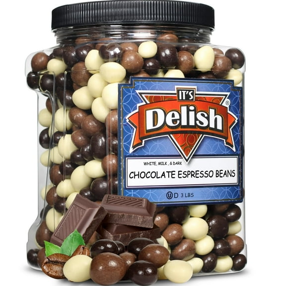 Gourmet Chocolate Covered Espresso Beans Medley by Its Delish, 3 LBS Jumbo Reusable Container  Mix of Dark, Milk & White Chocolate Covered Roasted Coffee Beans  Chocolate Candy Snack  Kosher Dairy
