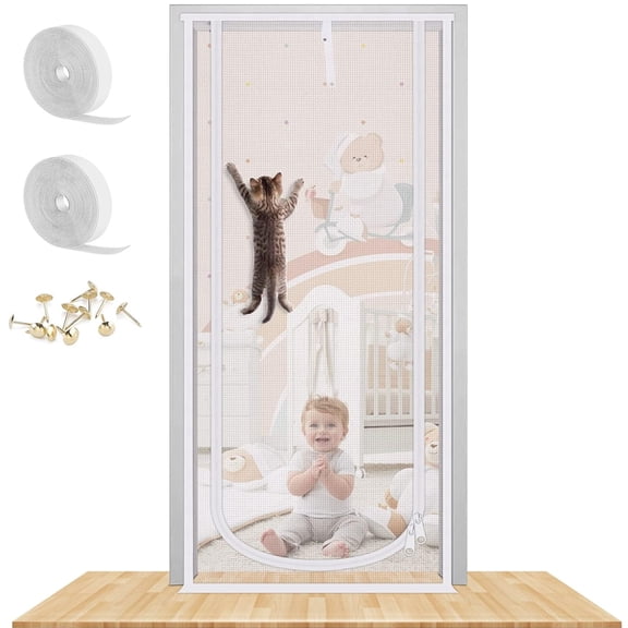 Reinforced Cat Screen Door, 31.5 in X 82.7 in Heavy Duty Pets Proof Screen Door with Bilateral Zipper, Prevent Dogs Cats Running Out from Home, Bedroom, Living Room, Kitchen Patio Door