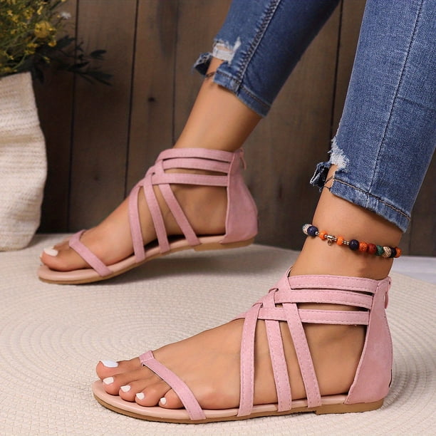 Sandalias planas con puntera dividida y estampado de girasol para mujer - Correa cruzada y cremallera en la parte posterior para un estilo casual de playa de verano