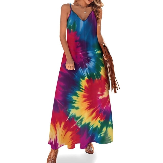 Vestido hippie teñido anudado, retro psicodélico, kawaii, maxivestido con tirantes, elegante, bohemio, para playa, largo, de verano, con cuello en V, de gran tamaño