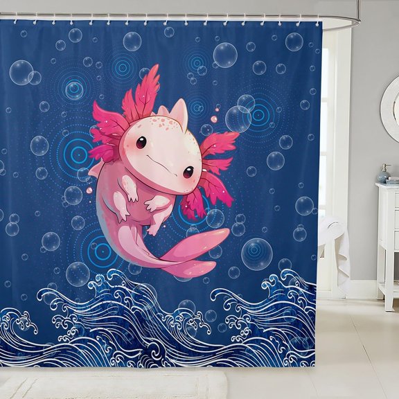 Cute Axolotl Shower Curtain in Dark Blue with Bubbles Waterproof Fabric Bathroom Decor 71x71 inches