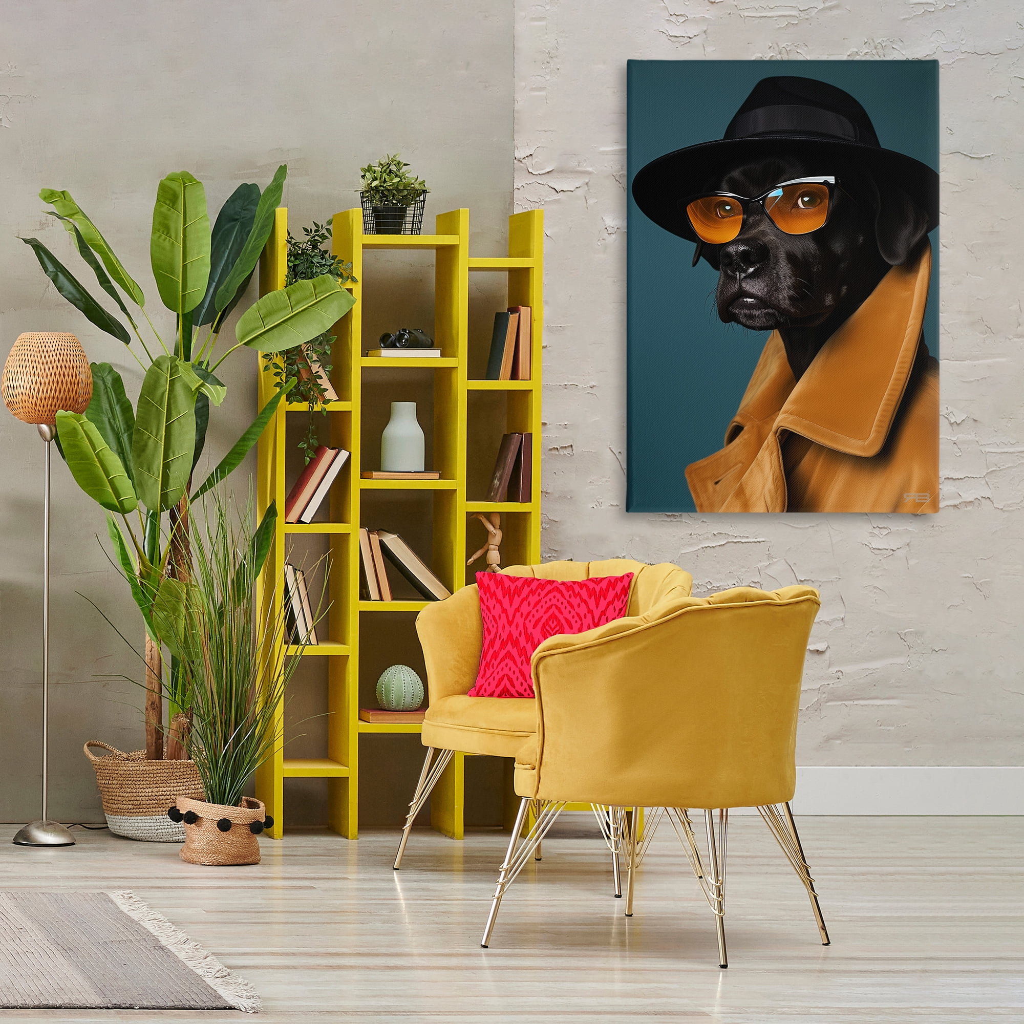 Stupell Industries Black Dog in Suit Animals & Insects Painting Gallery Wrapped Canvas Art Print Wall Art, 30 x 45