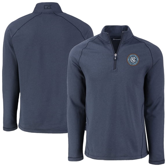 Men's Cutter & Buck Heather Navy New York City FC Peshastin Eco Fleece Recycled Raglan Half-Zip Top
