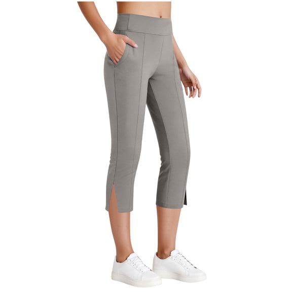 RQYYD Women's High Waisted Capri Pants with Pockets Split Hem Casual Yoga Capris for Workout Running Daily Wear