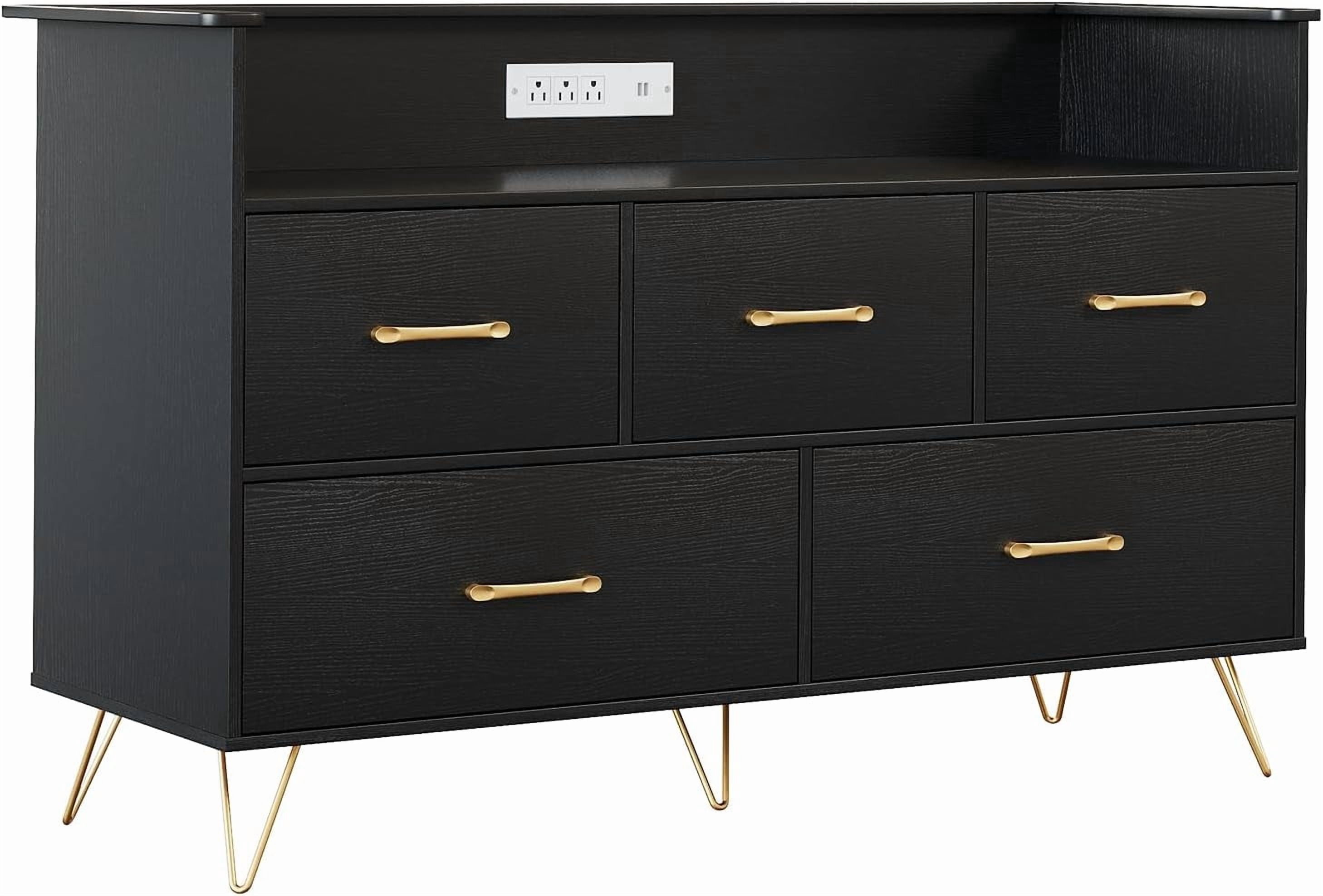 Black Dresser for Bedroom, 47" Wide Chest of Drawers with LED Lights, Charging Station & 5 Smooth-Sliding Drawers, Modern Wood Storage Cabinet for Entryway, Hallway, Living Room