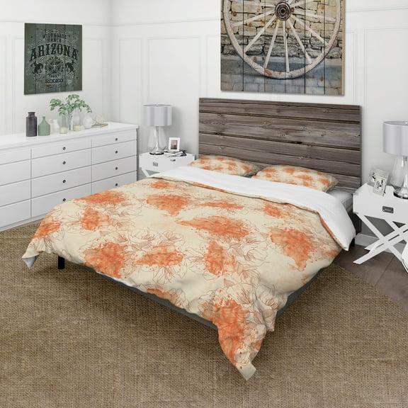 Designart 'Handdrawn Asian Flowers with Orange Watercolor' Floral Duvet Cover Set