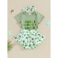 thumbnail image 3 of FEORJGP Infant Girl Irish Festivals Outfits Newborn Short Sleeve Romper Round Neck Jumpsuit Letter Print Bodysuit with Shamrock Shorts and Bow Headband Kids Cute Casual Summer Clothes, 3 of 8