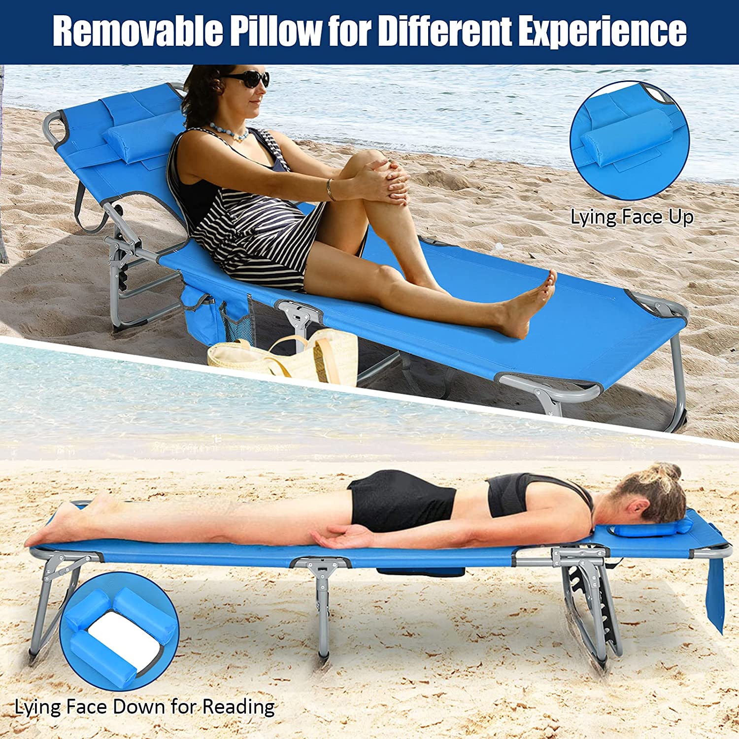 Beach Chaise Lounge Chair, Patio Folding Recliner with Face Cavity Hole, Detachable Pillow, Arm Slots, Storage Pouch, Portable Tanning Chair for Poolside Adjustable Sunbathing Chair(1,Blue) - image 2 of 9