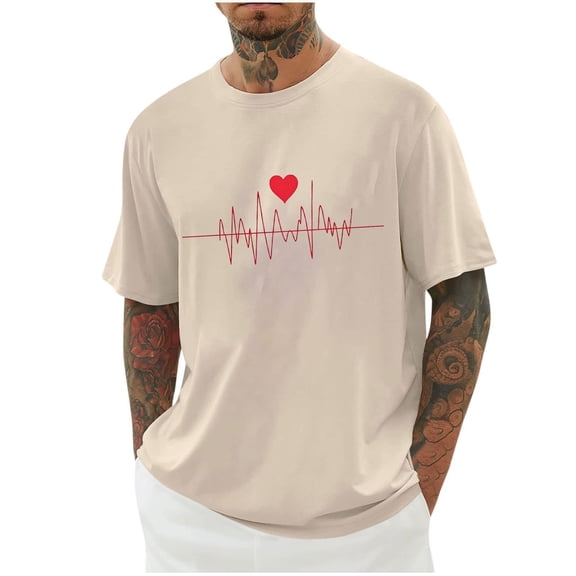 WREESH Graphic T-Shirts Valentine's Heart Printed Shirts for Men's Spring Summer Short Sleeve T-Shirts Beige