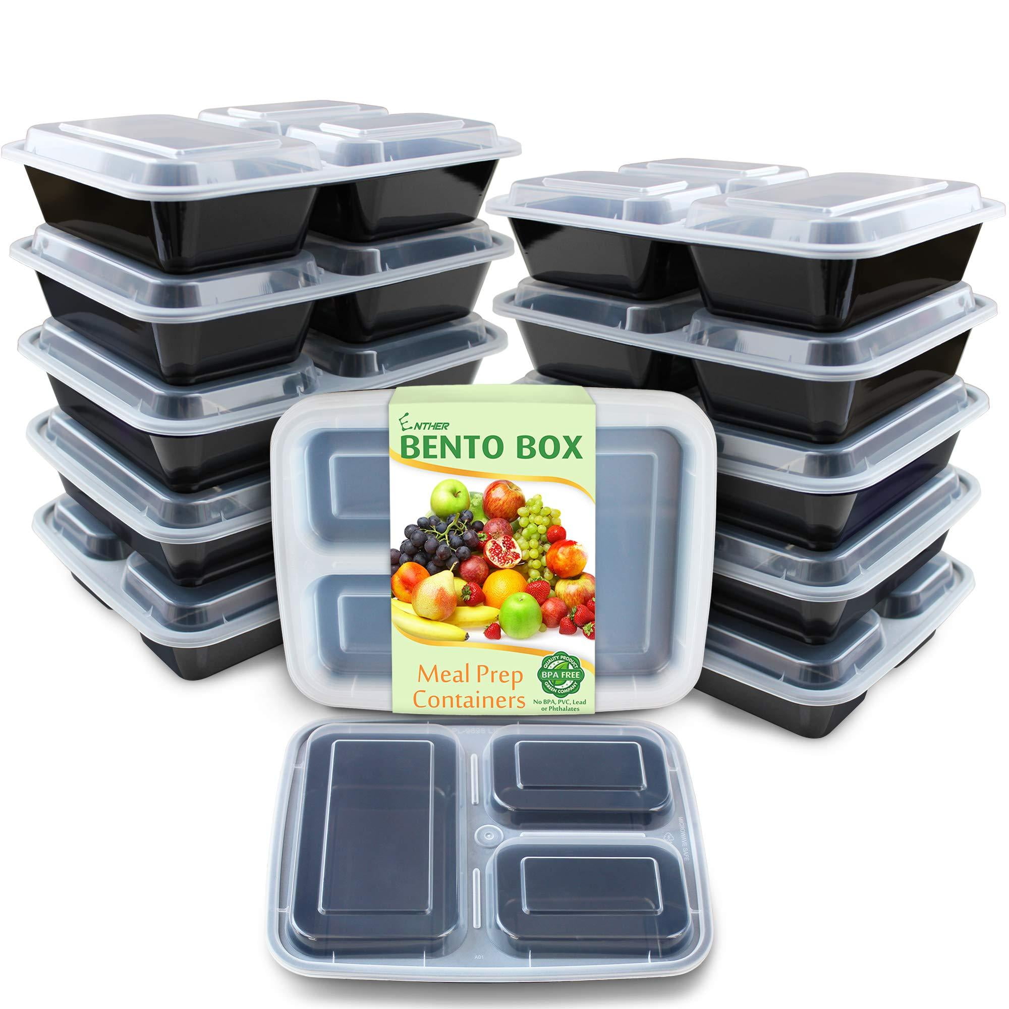 Enther Meal Prep Containers [12 Pack] 3 Compartment with Lids, Food