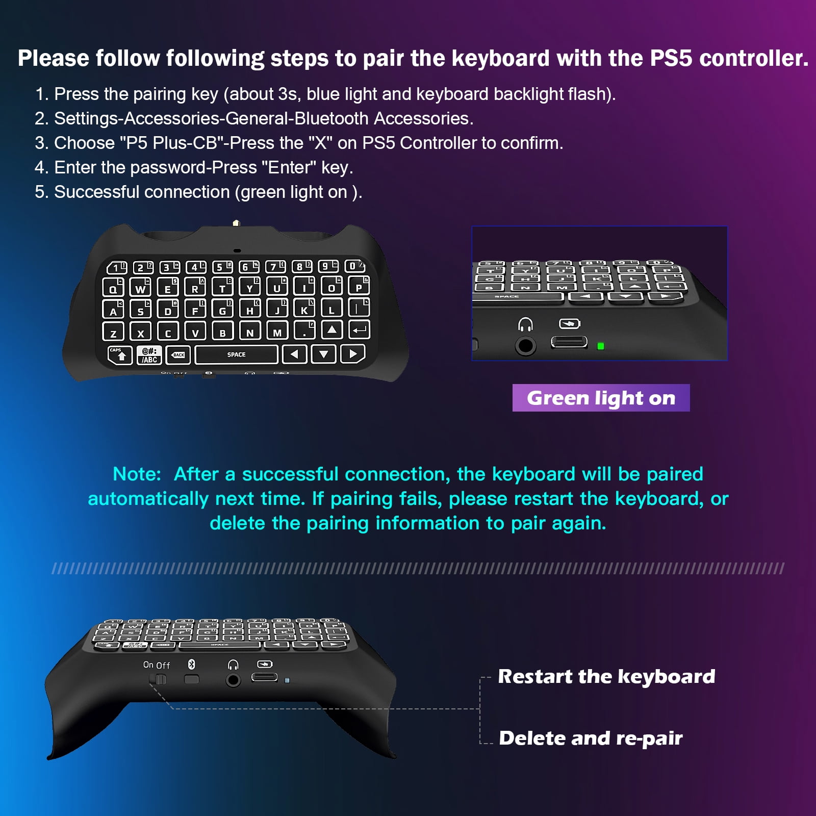 TiMOVO Multi-Color RGB Backlight Keyboard for PS5 Controller, Wireless Keypad Chatpad for PlayStation 5 Controller, Mini PS5 Game Keyboard Built-in Speaker with 3.5mm Audio Jack, Black