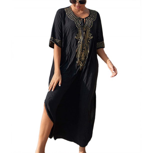 Bsubseach Women Swimsuit Cover up Short Sleeve V Neck Side Split Beach Robe Kaftan Dresses
