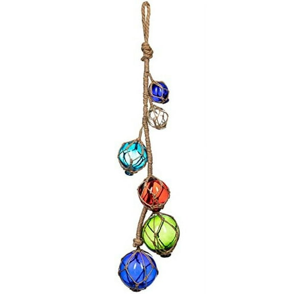 Glass Fishing Floats, 2-4" Multicolor, Strand of 6, Japanese Glass Buoys with Rope for Decoration