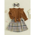 thumbnail image 3 of Bagilaanoe 3Pcs Baby Girls Fall Clothes Long Sleeve Ruffle Ribbed Tops + Plaid Skirt + Headband 6M 12M 18M 24M 3T 4T Kids Casual Skirt Set, 3 of 9