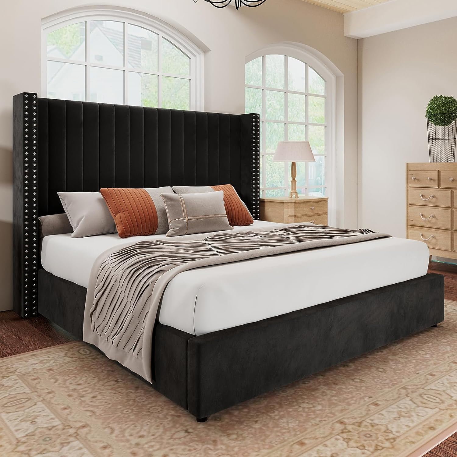 Merluxy King Bed Frame Lift Up Storage Bed,Velvet King Upholstered Bed Frame/Channel Tufted Wingback Headborad/No Box Spring Needed/Black