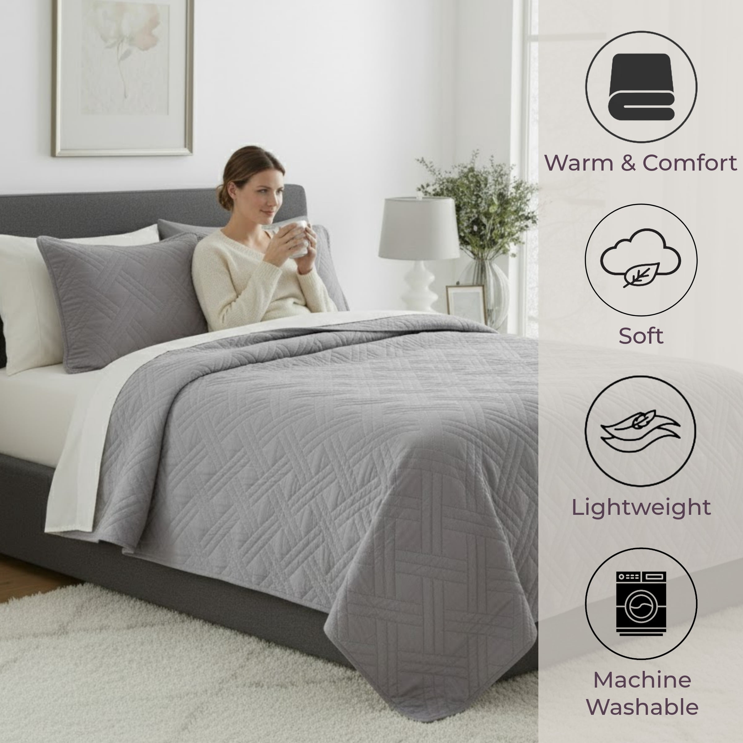 Lavish Home Modern Quilted Bedspread Coverlet with Basket-Weave Design Polyester Twin Size Quilt Bedspread (Gray)