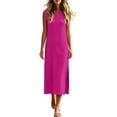 thumbnail image 6 of Dresses for Women Solid Color Round Neck Sleeveless Maxi Dress with Pockets and Side Slits Fashion Outfit L, 6 of 7