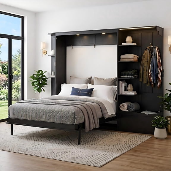 Aukfa Queen Murphy Bed with Storage & LED Lights, Space-Saving Modern Wall Bed Cabinet with Shelves & Hanging Hook for Small Spaces, Guest Room, Home, Black