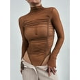 thumbnail image 2 of xiaxaixu Women Long Sleeve Bodysuits Solid Color Ruched Mesh See-Through Mock Neck Skinny Rompers Spring Fall Jumpsuits Streetwear, 2 of 5