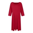 thumbnail image 4 of Qwertyu Womens Fall Dresses 3/4 Sleeve Crewneck Solid Color Midi Dress Trendy Casual Flowy Dresses for Women Red XL, 4 of 5