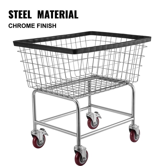 Steel Frame Wire Laundry Basket Cart - 2.5 Bushel Capacity, 21''x27''x27.5'', 4-Inch Wheels & Chrome Finish for Easy Mobility