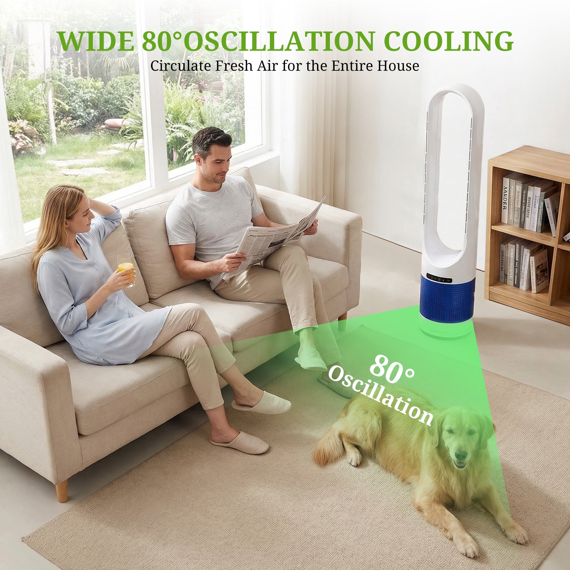 Simenmax 41'' Bladeless Tower Fan, 80° Oscillating Quiet Cooling Fan, 8 Speeds & 8H Timer, Remote Control with LED Display for Home Office Living Room,Blue