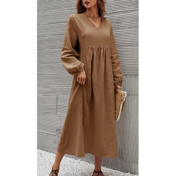 Women's Khaki V-Neck Cotton-Linen Midi Dress, Long Sleeve Empire Waist Loose Swing Casual Dress