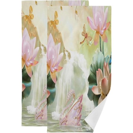 Coolnut Spring 3D Lotus Swan Hand Towels for Bathroom, Summer Lake Flower Kitchen Towel 2 PCS Ultra Soft and Highly Absorbent Decorative Fingertip Face Bath Towels for Spa & Hotel, 28.3"x 14.4"