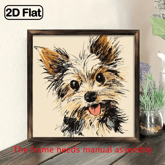 2D Flat 8x8 Inch Wooden Framed Dog Art Print - Charming Yorkshire Terrier Sketch with Colorful Accents, Perfect for Bathroom, Kitchen, Dining Room Decor - Ideal Gift for Family Friends, Dog Decor