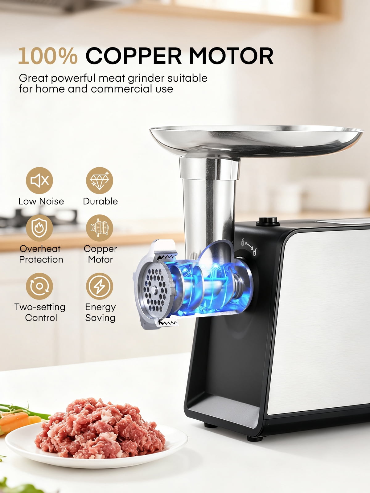 FOHERE Electric Meat Grinder Heavy Duty 3200W Max Stainless Steel with Blades, Plates, Sausage Tubes & Kubbe Kit for Home Use