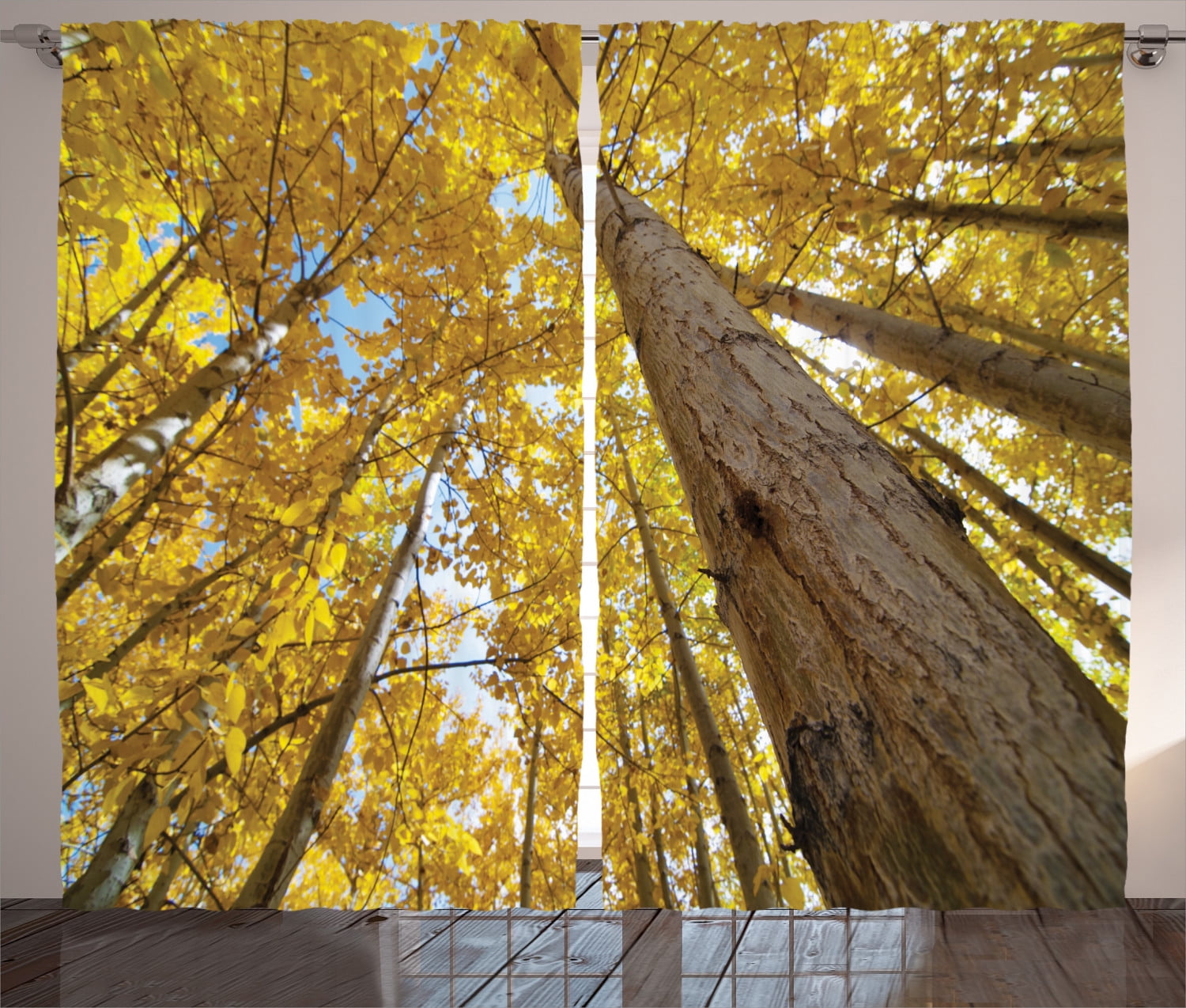 Forest Home Decor Curtains 2 Panels Set Up View Of Fall Aspen Tree Leaves In Fade Tone Autumn Season Photo Image Window Drapes For Living Room Bedroom 108w X 90l Inches Yellow