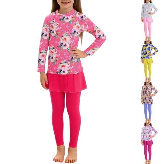 SROBPTY Kid Girls Swimsuit Set Print Long Sleeve Top Skirt Pants 2 Piece Bathing Suits for 4-16 Years