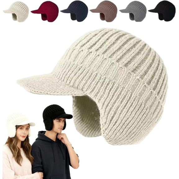 Cozy Head Beanies for Men and Women, Womens Winter Hats with Brim and Ear Flaps, Knitted Beanie Hat Fleece Lining