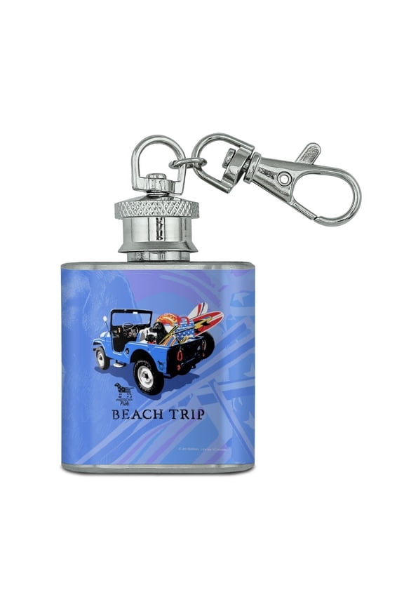 Beach Trip Surfing Surfer Dogs Stainless Steel 1oz Mini Flask Key Chain