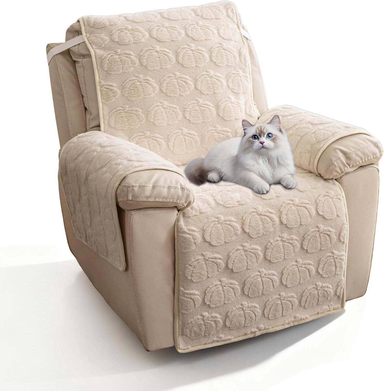 TOPCHANCES Plush Recliner Chair Cover, Faux Rabbit Fur 1-Seater Sofa Cover, Washable Armchair Protector with Adjustable Elastic Belt for 23 Inches Recliner (Off-white)