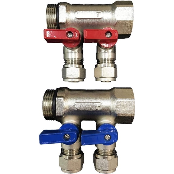 2-Loop PEX Manifold Set – 3/4" NPT Inlet × 1/2" Ball Valves × 1/2" PEX Outlets – Stainless Steel Radiant Heat Manifolds (Red & Blue Handles)