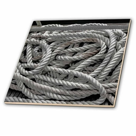 3dRose British Virgin Islands. Close-up of Nautical Rope. Black and white. - Ceramic Tile, 4-inch