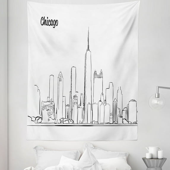 Chicago Skyline Tapestry, Hand Drawn City Silhouette Downtown Free Hand Sketch of Panoramic Landmark, Fabric Wall Hanging Decor for Bedroom Living Room Dorm, 5 Sizes, Black White, by Ambesonne