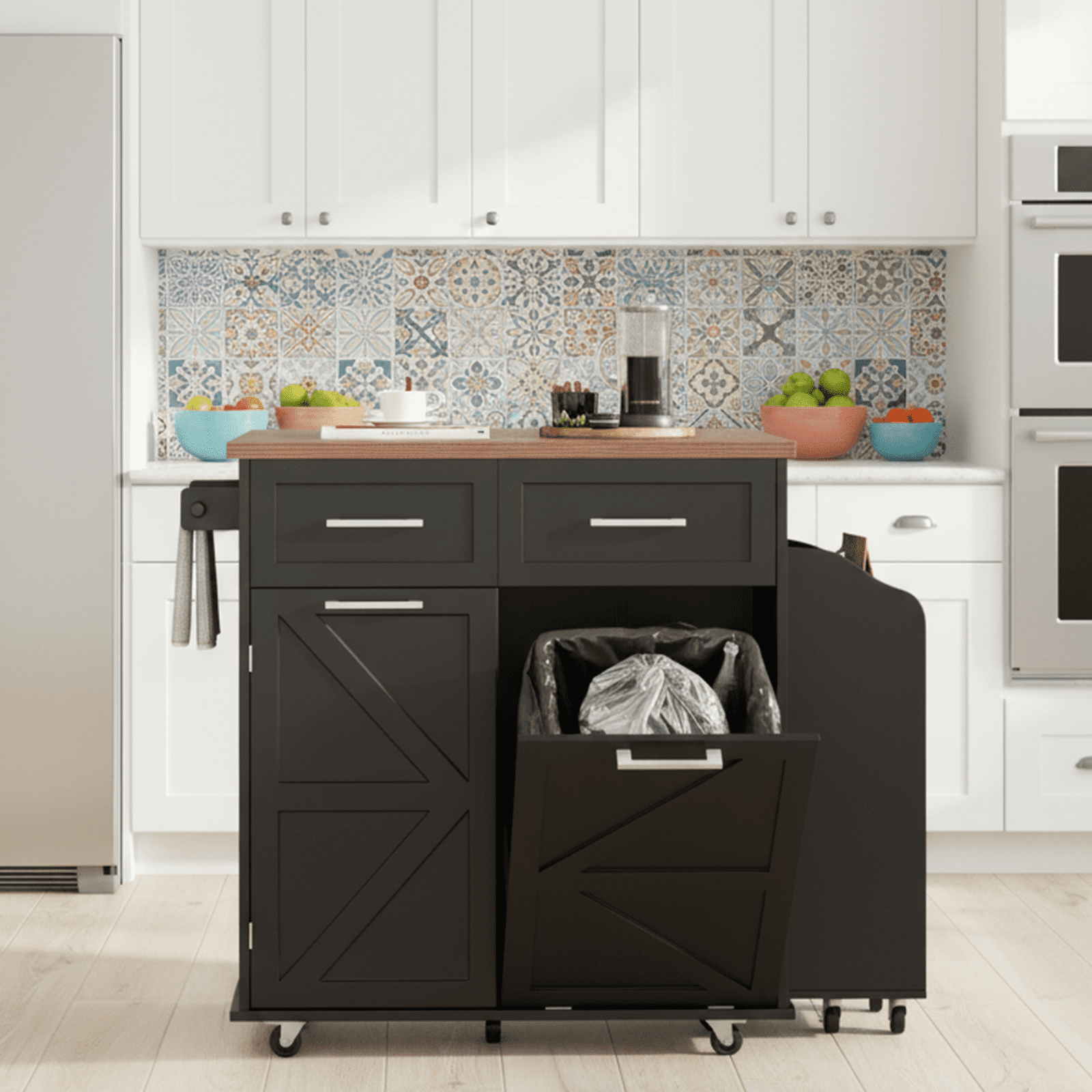 Homy Casa Kitchen Serving Cart with Drop Leaf, Storage Cabinets, Drawers and Wheels, Black