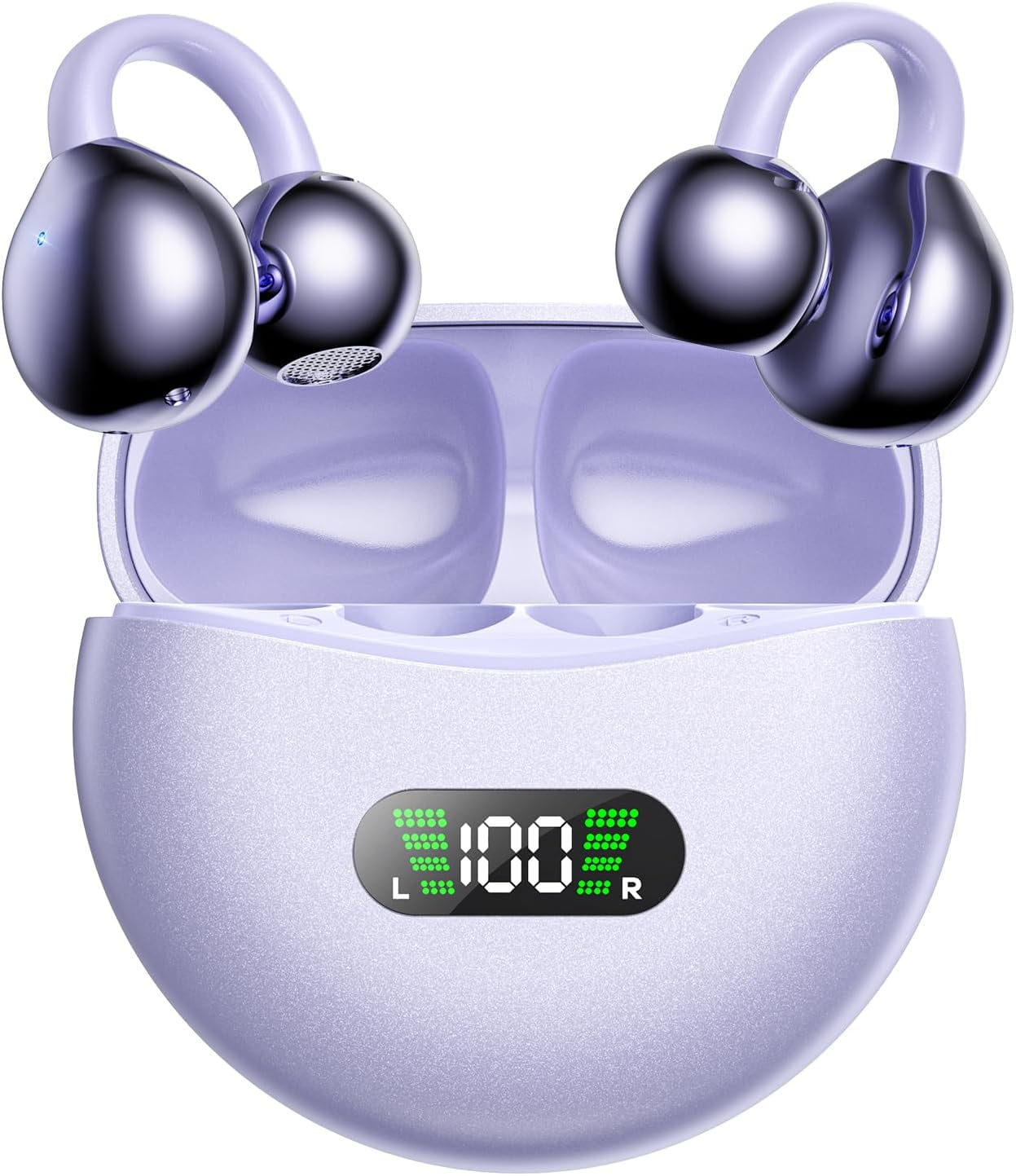 Wireless Earbuds Open Ear Clip On Headphones with LED Digital Display Charging Case Touch Control Bluetooth 5.4 Air Conduction Sport Earphones for Running Fitness, Medium Purple