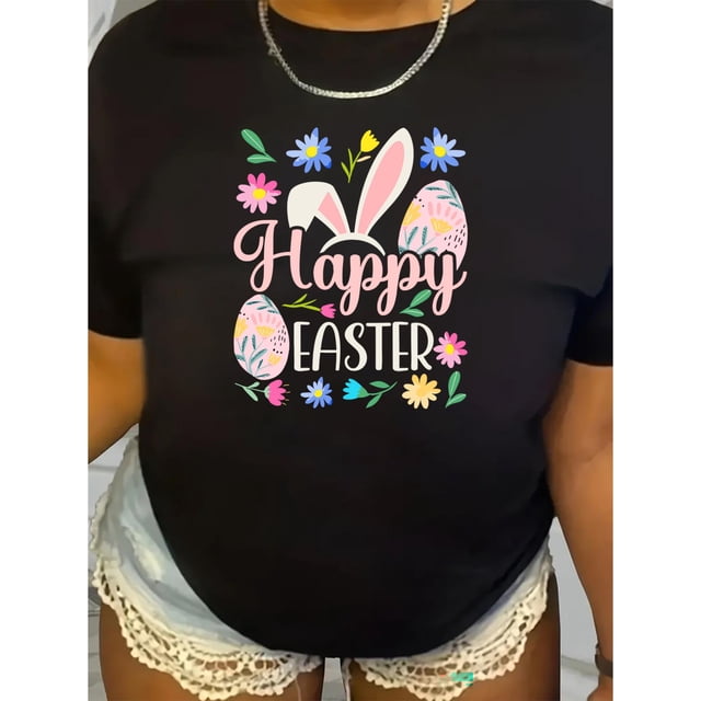 Camiseta "Feliz Pascua" para mujer, talla grande, informal, de punto de algodón, cuello redondo, estampado del alfabeto, manga corta primaveral, para adultos, hombres, mujeres, adolescentes, jóvenes.