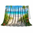thumbnail image 2 of Tropical Beach Escape Hibiscus Flower, Peaceful Coastal Landscape Scene, Warm Flannel Blanket for Beach House and Living Room, Beach Lovers Housewarming Gift, Coastal Home Decor, 2 of 9