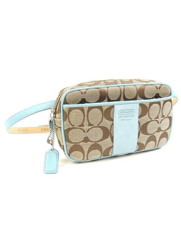 Pre-Owned Coach Waist Bag Signature Khaki Light Blue Canvas Leather Hip Pouch Body... (Good)