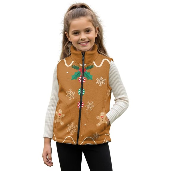 Uorisanigo Girls Boys Fleece Jacket Vest Soft Fuzzy Christmas Gingerbread Man Sleeveless Zip Front Jacket Fall Winter Warm Outwear Trendy Clothes Vest Top with Pockets 2-12 Years