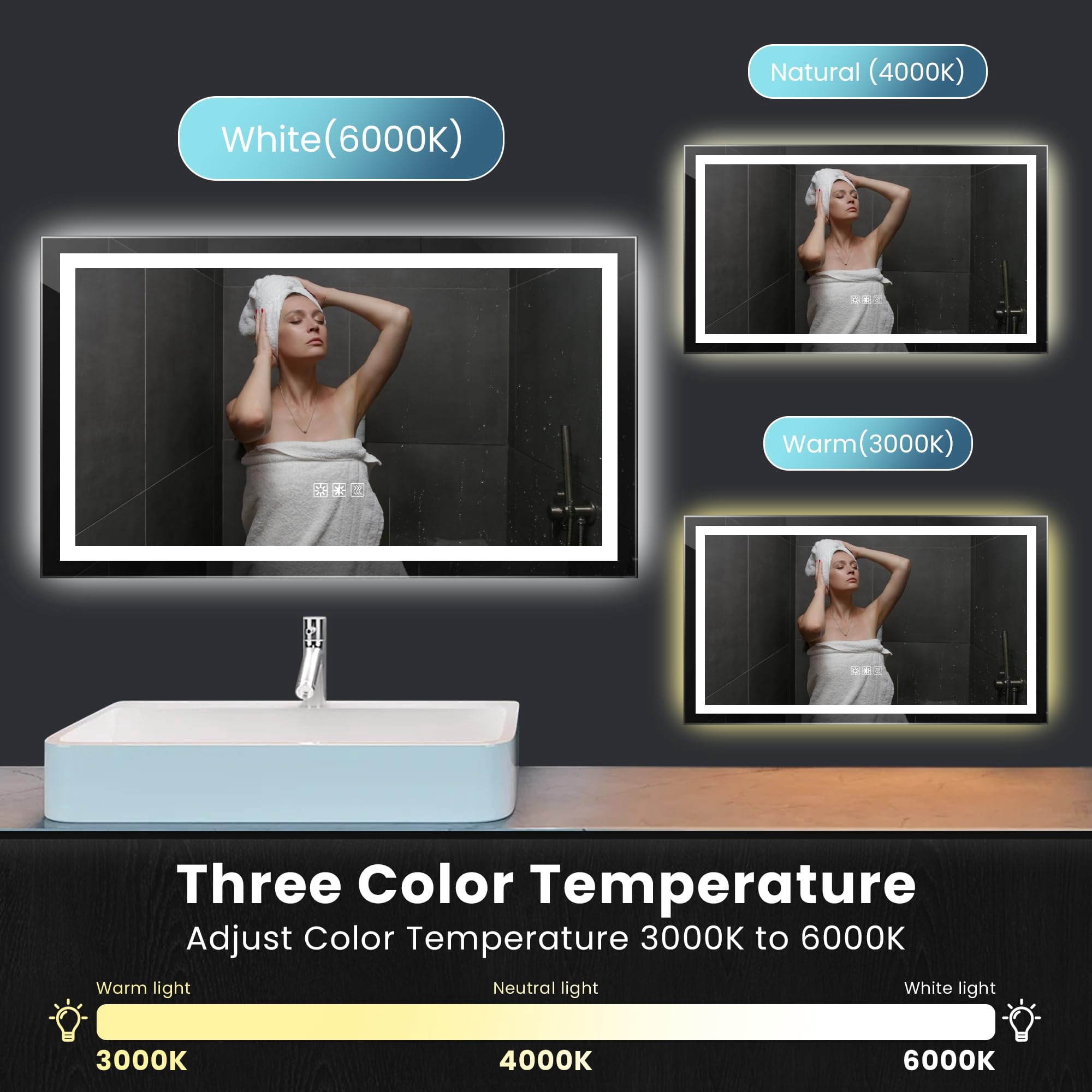 Aukfa 60x32 Inch LED Bathroom Mirror with Lights, Anti-Fog, Dimming, Wall Mounted Waterproof Makeup Mirror - Smart Touch Vanity Lighted Mirror for Enhanced Bathroom Experience